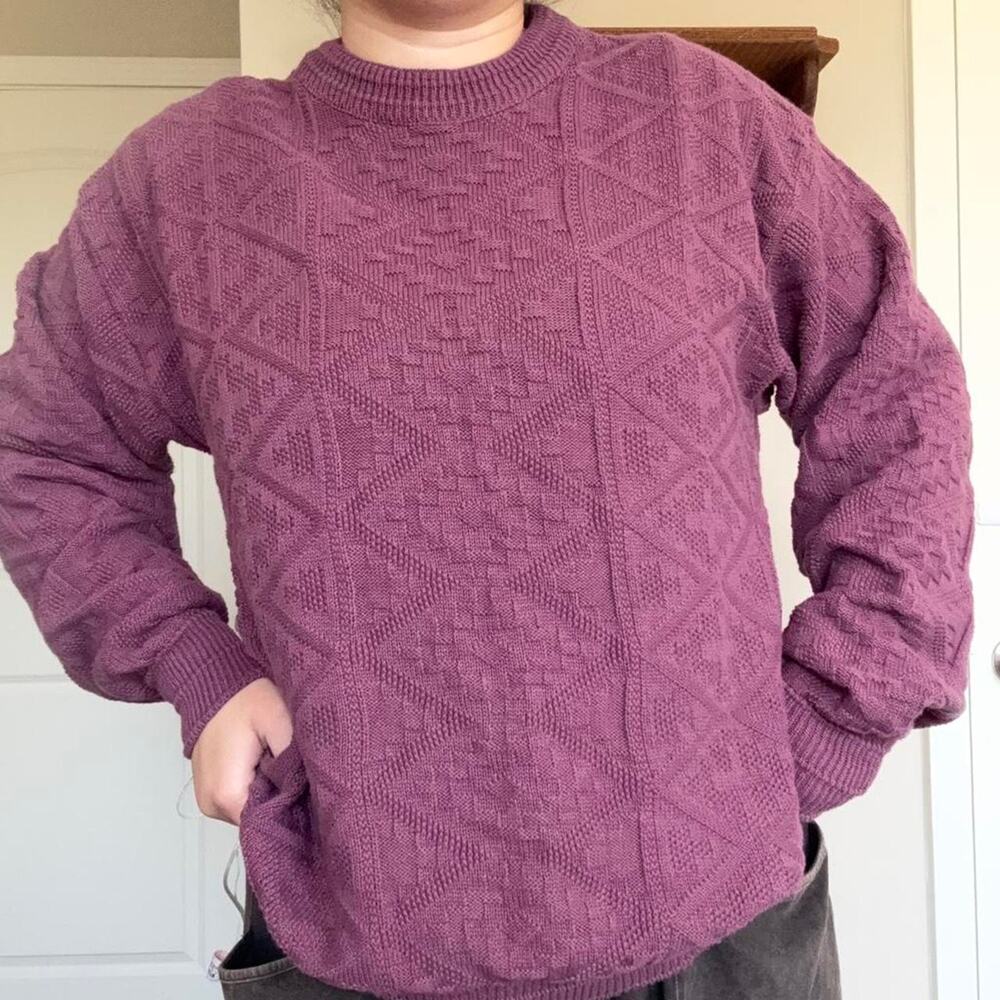 Vintage made in USA 100% textured sweater size medium purple Aztec pattern
